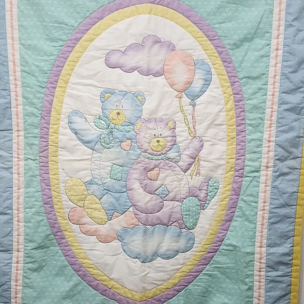 Vintage Bedtime Originals Teddy Bear Balloons Pastel Baby Crib Quilt Blanket
